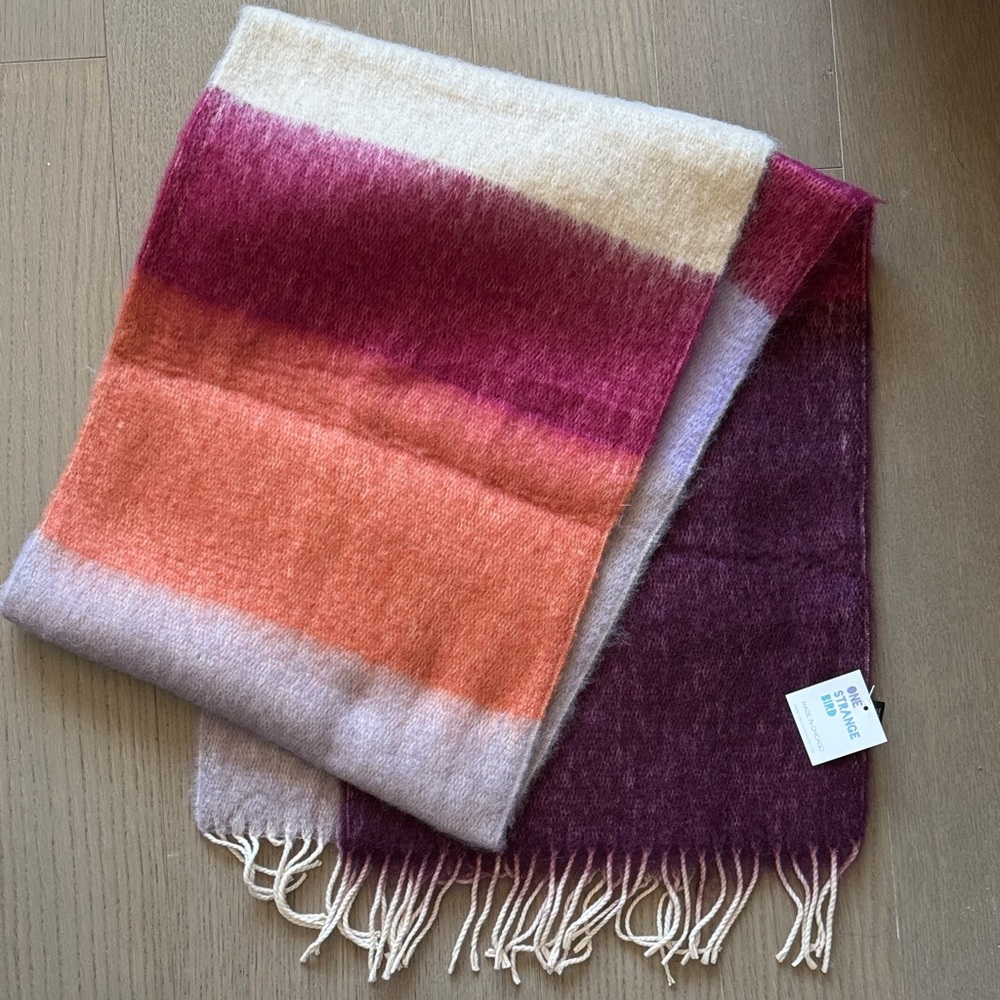 Purple Orange Pink Fuzzy Fringe Scarf Shawl  78” x14” Winter Cottagecore Cozy